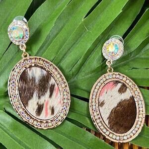 Cowboy Killer Oval Crystal Western Cowhide Earrings